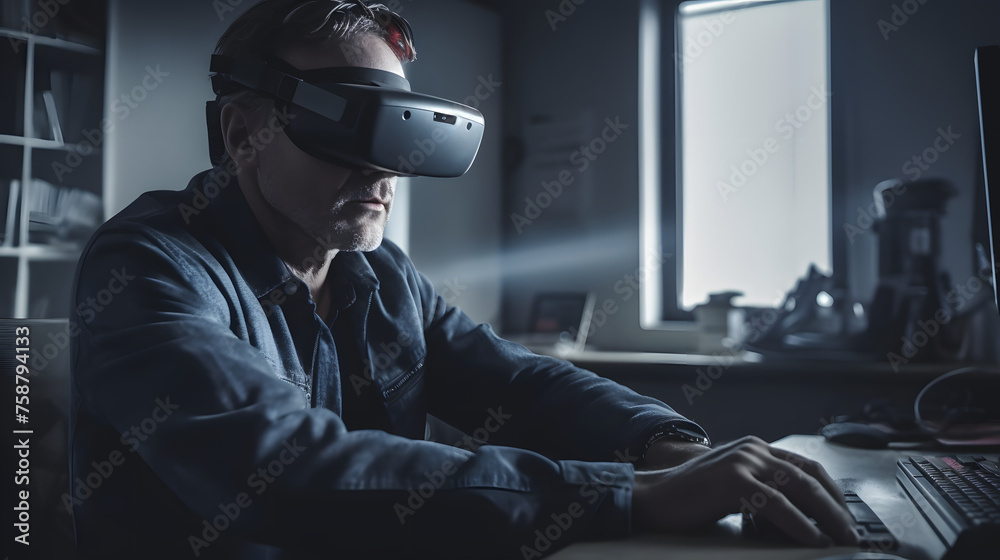 A man stands in his study wearing VR glasses. A man stands in his study wearing VR glasses.