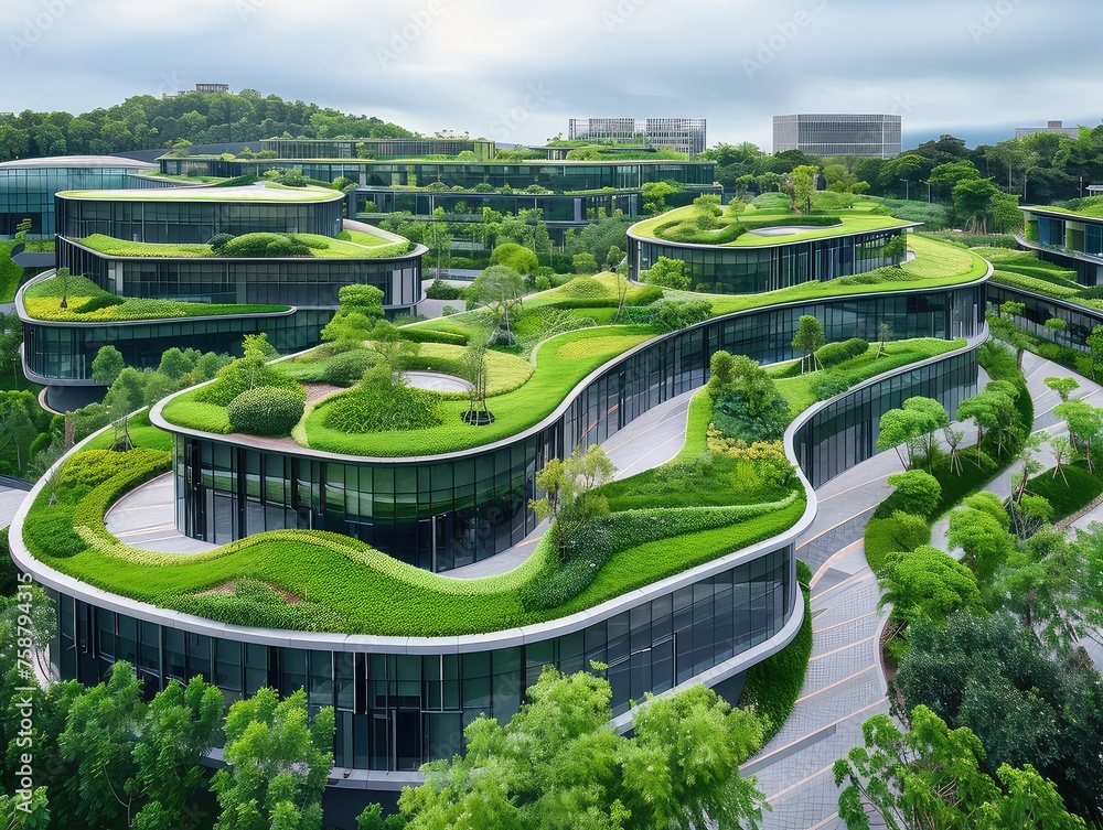 Eco-friendly Corporate Campus - Green Finance - Modern Office - Craft an image of an eco-friendly corporate campus with green finance initiatives, featuring modern office buildings surrounded by lush