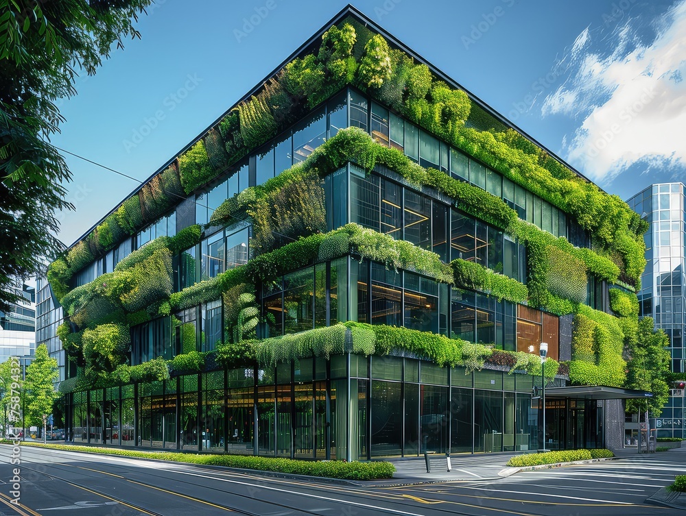 Sustainable Urban Oasis - Eco-conscious Business - City Office - Generate visuals of a sustainable urban oasis with an eco-conscious business ethos, featuring a city office building adorned