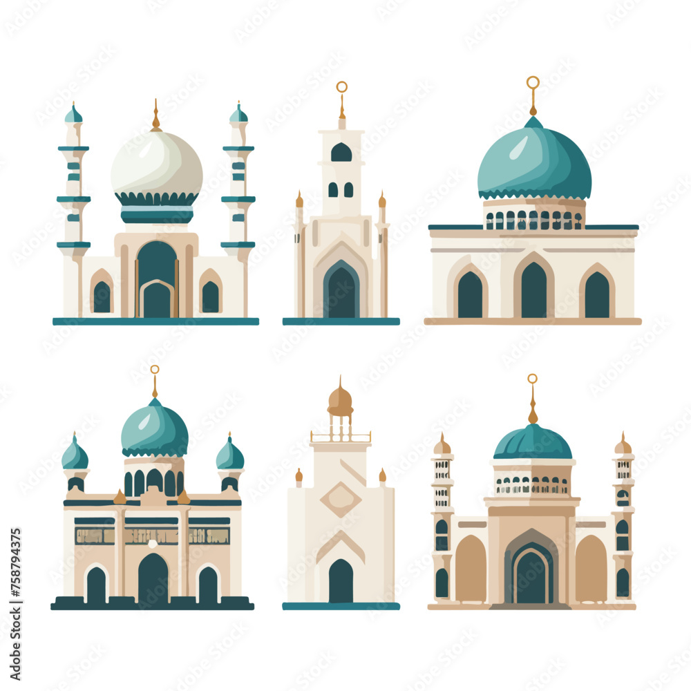 Five muslim buildings flat vector illustration 