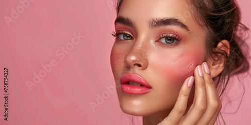portrait of a beautiful girl with light makeup, the concept of self-care and cosmetology, clean skin and natural beauty, pink background, place for text