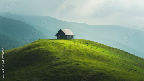 Lonely house on a hillside in the Carpathian mountains photo