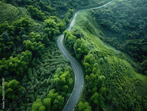 Sustainable Journey - Eco-friendly Adventure - Rural Road - Generate visuals of a sustainable journey, featuring an eco-friendly adventure along a rural road surrounded by lush landscapes © Cool Patterns