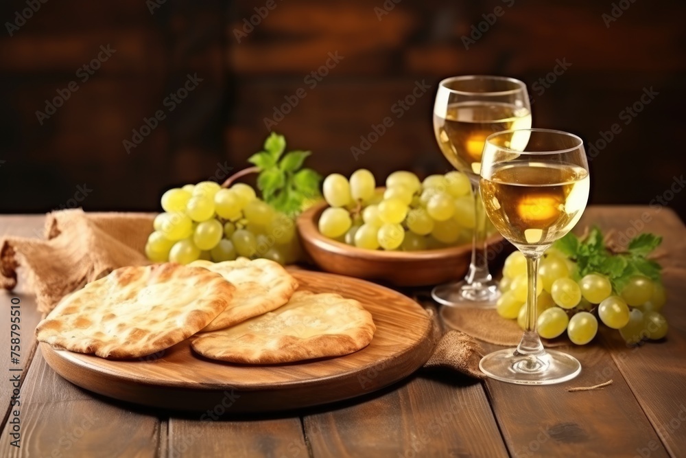 Two glasses of wine with grapes and flatbread. Wine and Snacks Wooden Table Setup Two glasses of wine with grapes and flatbread. Wine and Snacks Wooden Table Setup