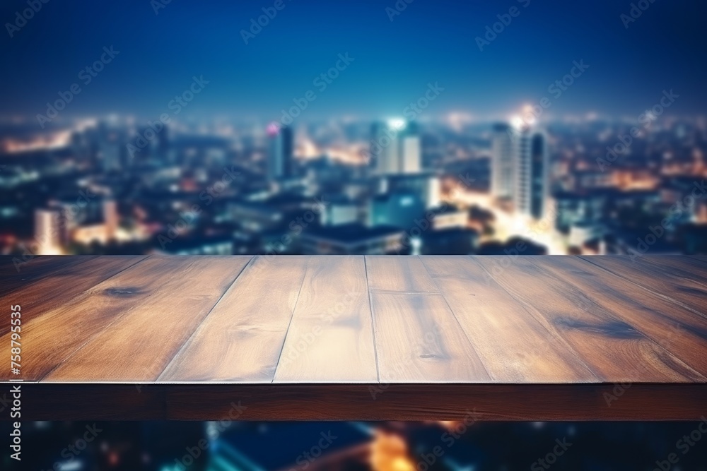 Empty office terrace with stunning view of a bustling city skyline illuminated at night