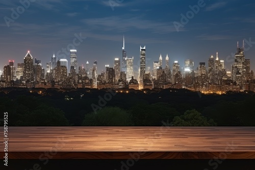 Empty board table on the terrace of an office with a stunning view of a big city at night