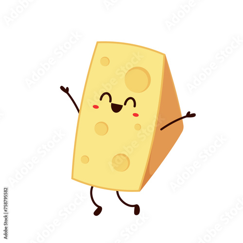 Cute happy cheese character. Funny food emoticon in flat style. Dairy emoji vector illustration.