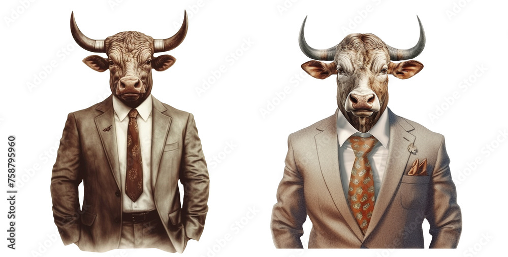 Set of illustrations of bull businessmen on transparent background. Set of illustrations of bull businessmen on transparent background.