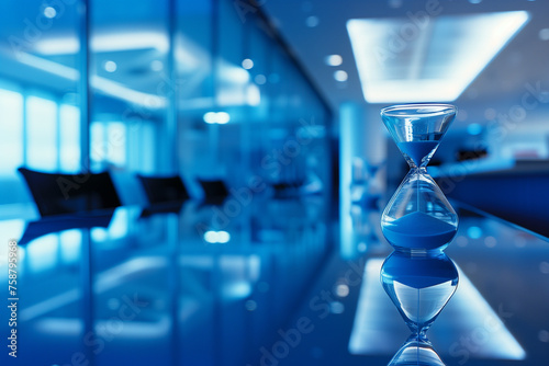 panoramic view of an office space bathed in calming blue hues, punctuated by the presence of several hourglasses, each embodying a distinct deadline, underscoring the constant pres
