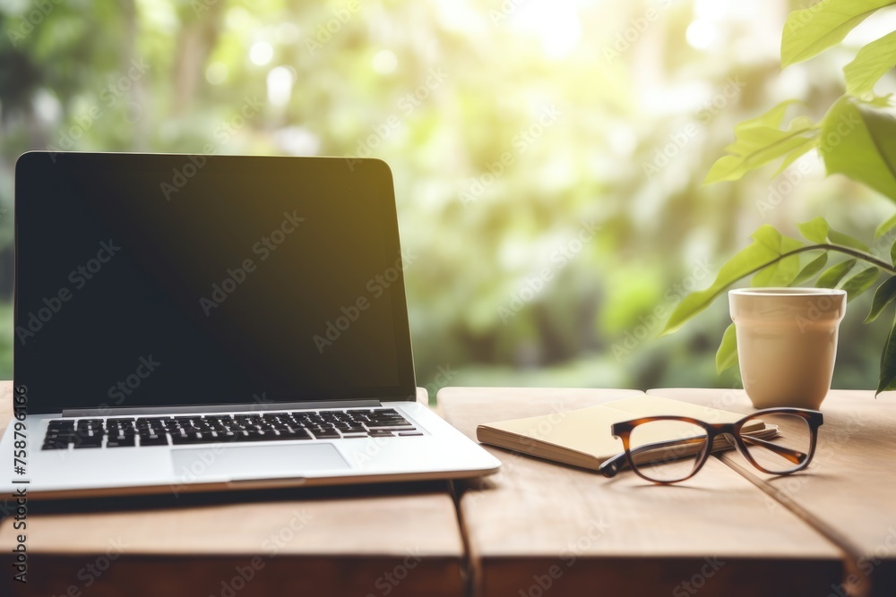 A cozy remote work setup with a closed laptop, notebook, eyeglasses, and a cup of coffee, all bathed in soft natural light. Serene Home Office with Coffee and Nature View A cozy remote work setup with a closed laptop, notebook, eyeglasses, and a cup of coffee, all bathed in soft natural light. Serene Home Office with Coffee and Nature View
