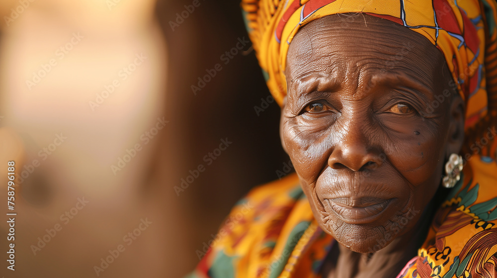 An elderly African woman dressed in traditional clothes looks into the camera