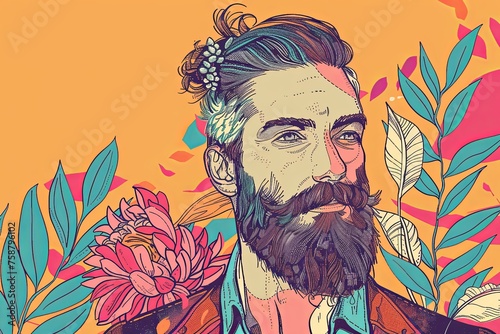 A detailed illustration of a man with a full beard and a stylish floral accessory, set against a warm, earthy background.