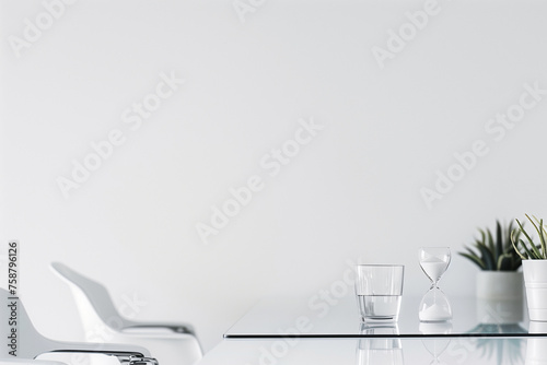 sleek, modern office desk with a single hourglass positioned prominently, its sands trickling away, symbolizing the pressing nature of deadlines against a crisp white background