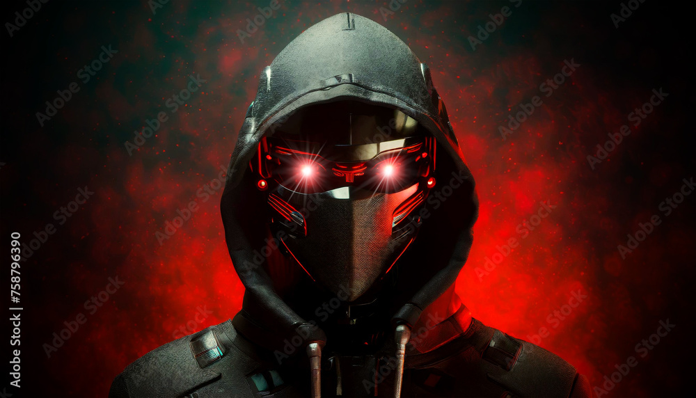 Portrait of an anonymous masked humanoid robot wearing a black hoodie looking at camera with his red eyes, on a dark and red background with copy space. Generative Ai. Portrait of an anonymous masked humanoid robot wearing a black hoodie looking at camera with his red eyes, on a dark and red background with copy space. Generative Ai.