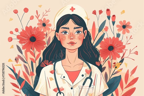 An illustration of a nurse surrounded by vibrant floral illustrations, symbolizing the nurturing aspect of healthcare.