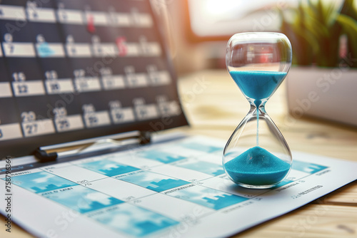 A conceptual photo of an hourglass superimposed over a calendar, highlighting the interconnectedness of time management and meeting deadlines in a professional setting photo