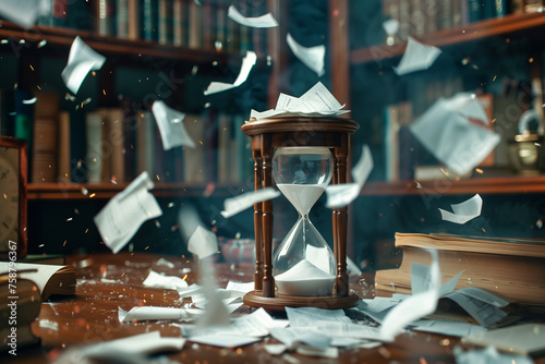 A dramatic shot of papers flying off a desk, scattered around an hourglass that stands ominously in the foreground, illustrating the chaos that ensues when time is not managed effe photo