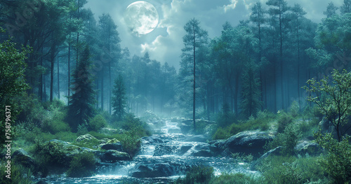 Forest at night, a dark forest filled with the sounds of wild animals, the sounds of insects, and the moonlight. Image generated by AI © Chainat