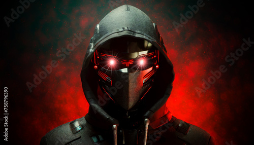 Portrait of an anonymous masked humanoid robot wearing a black hoodie looking at camera with his red eyes, on a dark and red background with copy space. Generative Ai.