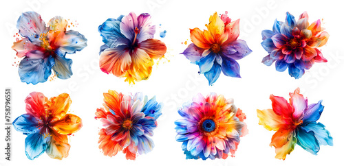 Illustration set of colorful flowers on a transparent background.
