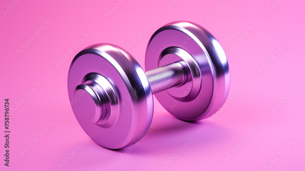 A shiny metallic dumbbell on a purple background. A shiny metallic dumbbell on a purple background.