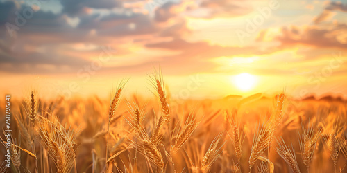 sunset or sunrise on a field with young rye in summer. Close-up of golden wheat ears. Harvest concept. Endless wheat field on late summertime  backlight by the warm setting sun.