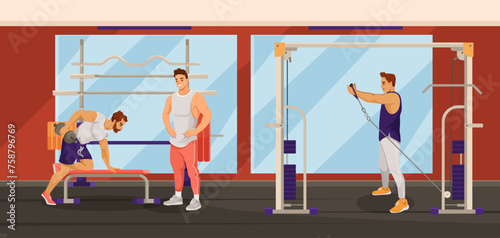 Fototapeta Naklejka Na Ścianę i Meble -  Man, sportsman exercises in gym interior with mirror, red walls, two lamps, panoramic window, dumbbell, barbell and fitness equipment. Vector illustration