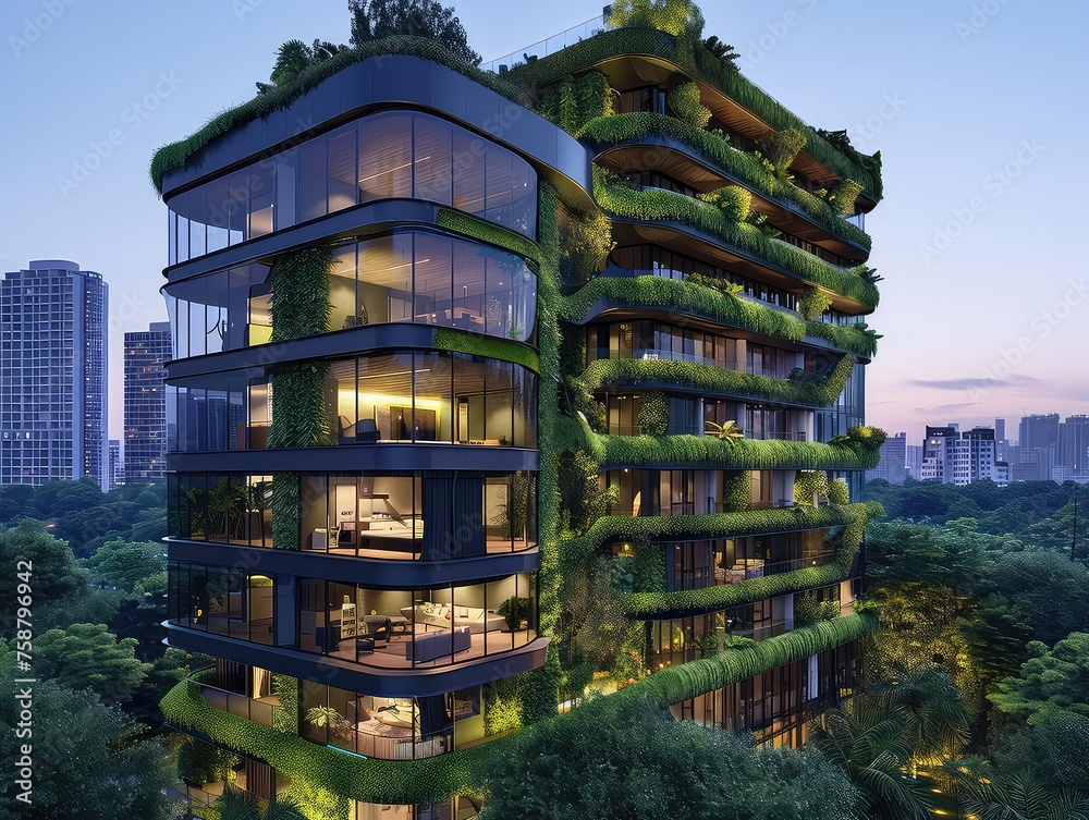 Nature-inspired Residential Tower - Healthy Living Spaces - Urban Retreat - Craft an image that depicts a nature-inspired residential tower, offering healthy living spaces with glass balconies