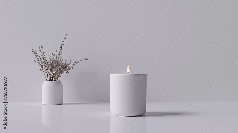 the oversized cylindrical cup with the scented candle. Keep the background simple and pure white to emphasize the freshness and purity of the scene, allowing the product to stand out. - obrazy, fototapety, plakaty 
