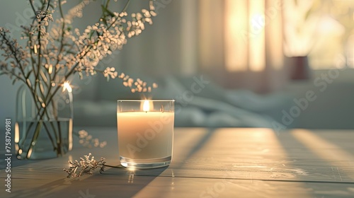 the oversized cylindrical cup with the scented candle. Keep the background simple and pure white to emphasize the freshness and purity of the scene, allowing the product to stand out. photo