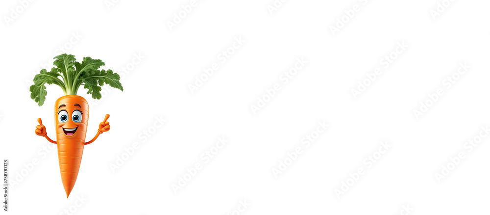 custom made wallpaper toronto digital3D tiny cartoon character of carrot with eyes, arms, legs on white background with copy space. promote healthy kid's eating, nutrition education, children's books, fun mascot to sell vegetables