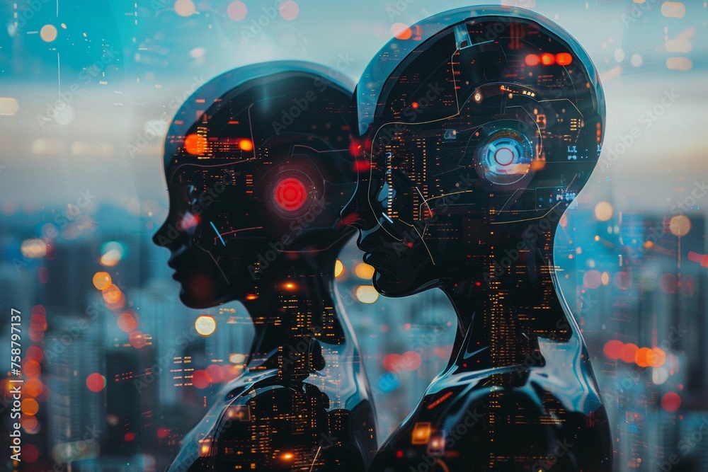 Cybernetic Humanoids, Artificial Intelligence, Technological Integration, neon-lit cityscape, advanced prosthetics, societys coexistence, photography, Silhouette lighting, Double Exposure