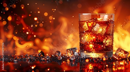 Whiskey on the rocks glass with ice cubes on dark atmospheric background with space for text
