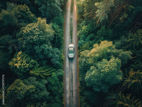 Eco-conscious Road Trip - Forest Expedition - Sustainable Travel - Generate visuals of an eco-conscious road trip, embarking on a forest expedition along a sustainable travel route