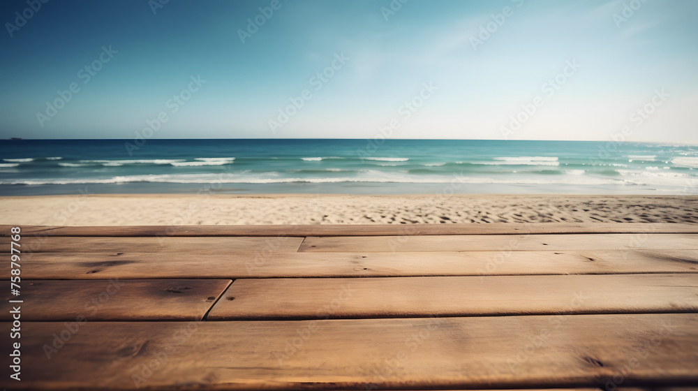 Fototapeta premium Empty wooden table in front of beach background