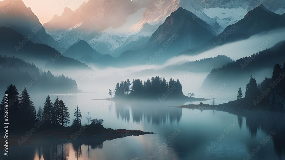 Naklejka premium Tranquil Alpine Lake, Misty Dawn, Soft Golden Glow, Snow-capped Peaks