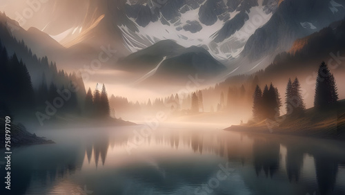 Tranquil Alpine Lake, Misty Dawn, Soft Golden Glow, Snow-capped Peaks photo