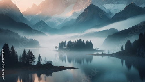 Tranquil Alpine Lake, Misty Dawn, Soft Golden Glow, Snow-capped Peaks