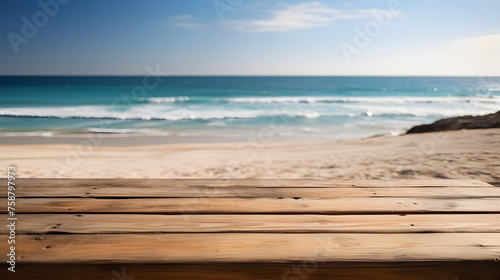 Empty wooden table in front of beach background