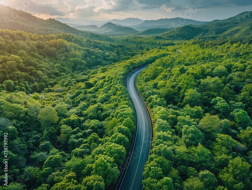 Eco-friendly Journey - Green Highway - Adventure Route - Craft an image that depicts an eco-friendly journey along a green highway, tracing an adventure route through natural landscapes