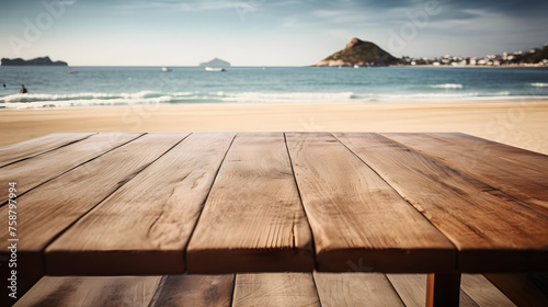 Empty wooden table in front of beach with people on background