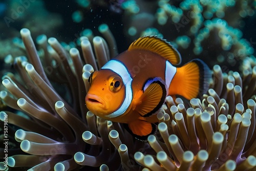 A clown fish nemo in the sea anemone, underwater macro photography, detail of anemone fish hiding in Andaman sea © Angelina
