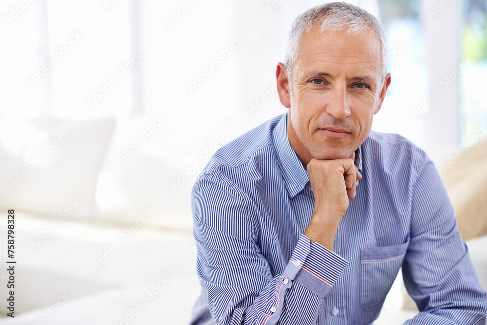 Senior, man and portrait for relax on sofa with thinking, retirement and wellness in living room. Elderly, person and face with idea, confidence or problem solving in lounge of home with mockup space Senior, man and portrait for relax on sofa with thinking, retirement and wellness in living room. Elderly, person and face with idea, confidence or problem solving in lounge of home with mockup space