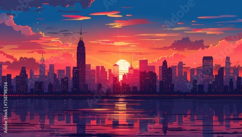 Comic book illustration of the city skyline at sunset, 
