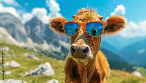 A cow wearing sunglasses with the mountains in background