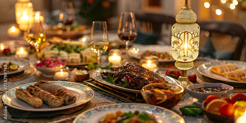 Table With Plate of Food A Simple Tasty Meal Passover, A close up shot of a table adorned with New Year's decorations including glittering candles sparkling confetti and elegant champagne glasses , 
