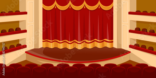 Empty concert hall. Spot light on wooden scene. Theater stage with open red vintage curtains. Theatre interior with elegant fabric chairs and seats. Cinema Premier festival event. Vector illustration 