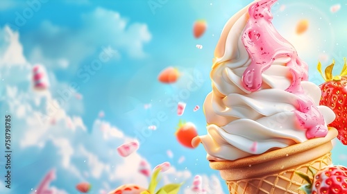 Ice Cream Cone with Strawberries on a Blue Sky