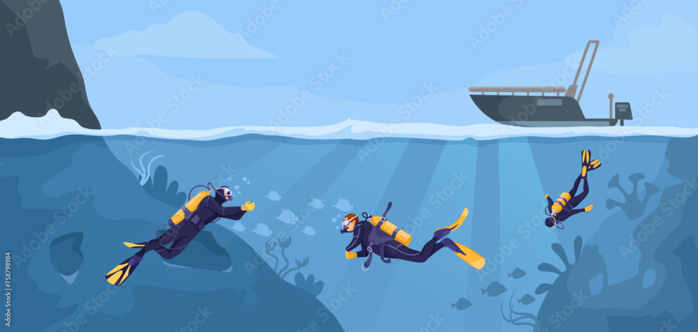 Scuba diving on the bottom of the sea in cold water from the boat. Beautiful seascape fauna, corals, algae. Divers exploring ocean nature. Concept of exploration and development. Vector illustration