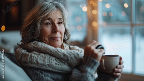 Mature woman enjoy a quiet moment with a cup of tea in her cozy living room, warmth and comfort of home care spend time with sunset scenic, senior elderly pensioner widow female carefree lifestyle